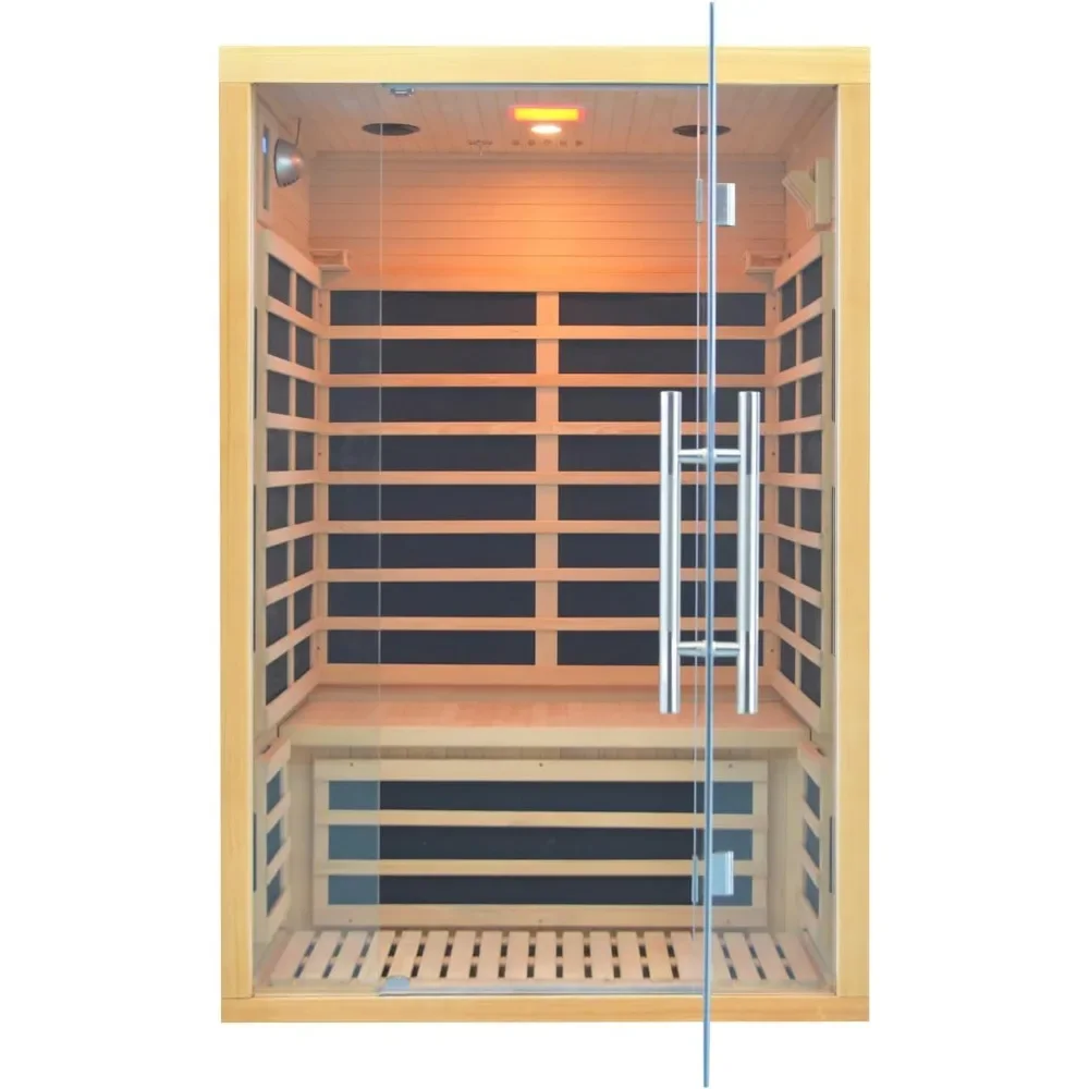 Sauna 2 Person Indoor Room Low EMF Far Infrared Home Sauna Hemlock Wooden Sauna with LCD Control Panel Tempered Glass Door