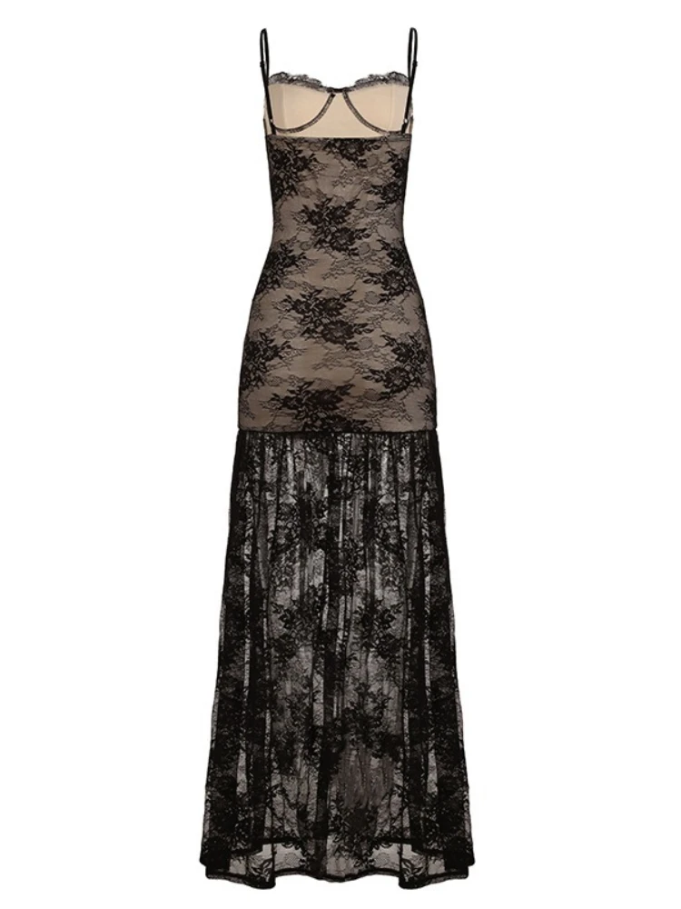 SsTss مثير السباغيتي حزام شير الدانتيل فستان طويل المرأة موضة الخامس الرقبة بلا أكمام سليم Ruched عالية الشق ريترو فستان ماكسي للحفلات
