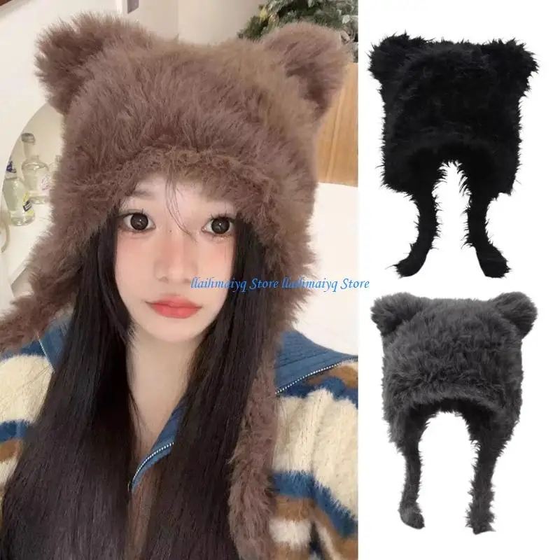 

573B Fashion Bear Ear Hat for Women Plush Ear Flap Hat Warm Beanie Outdoor Sports Hooded Hat Windproof Breathable Headgear