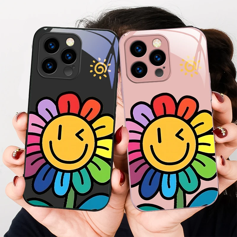 

Cartoon Flowers Purple For iPhone 16 E 15 14 13 Plus 12 mini 11 Pro Max XR Xs Max X 7 8 P lus 6 6S 22 Tempered Glass Phone Case