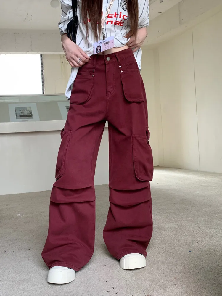 2024 Ropa Y2K Streetwear Wine Red Multi Pockets Baggy Jeans pants For Women Clothes Wide Leg Luxury Casual Lady Cotton Trousers