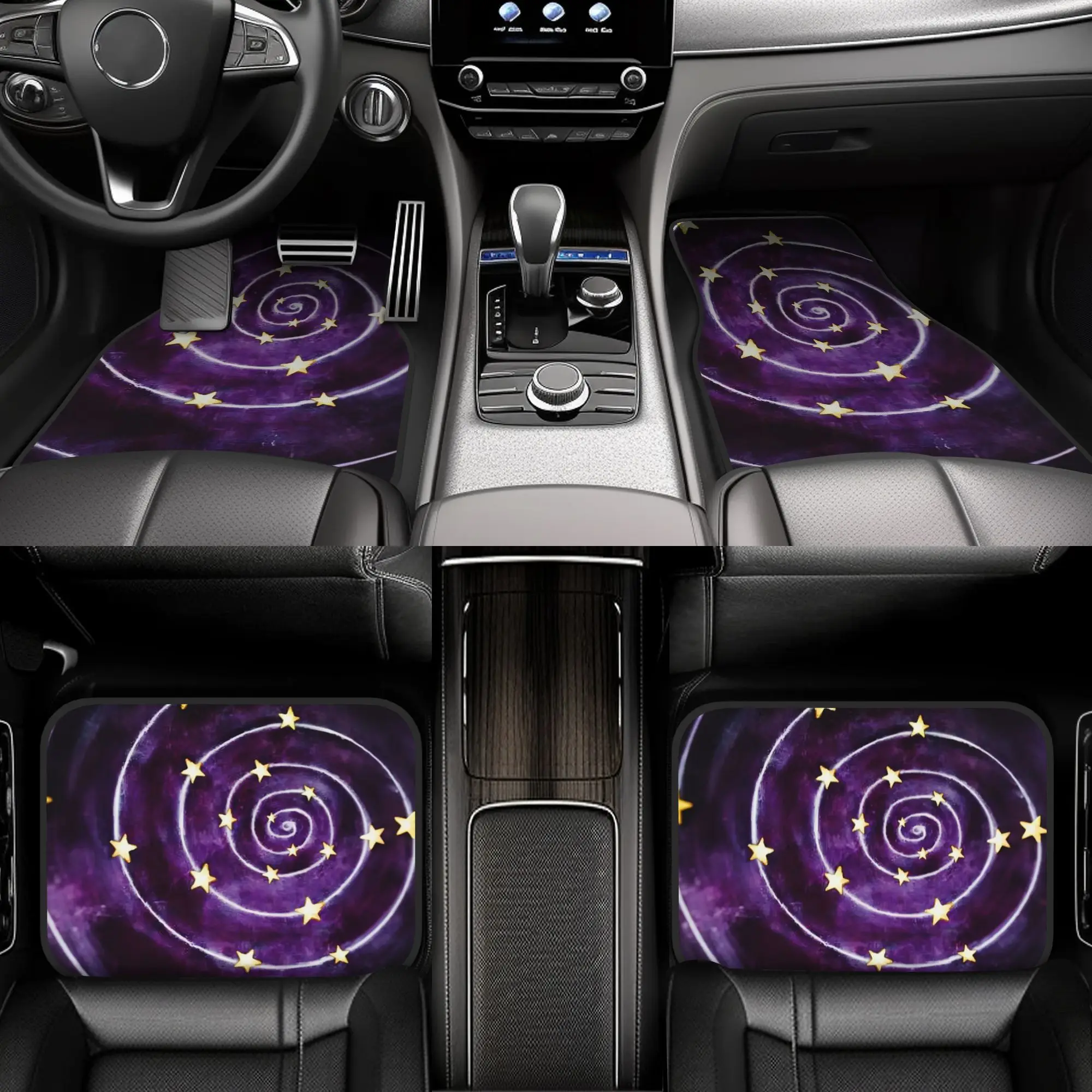 4pcs Purple Spiral Star Swirl Car Floor Mats, 2D Flat Printed With A Whimsical Spiral Pattern And Stars On Purple Background, Ma