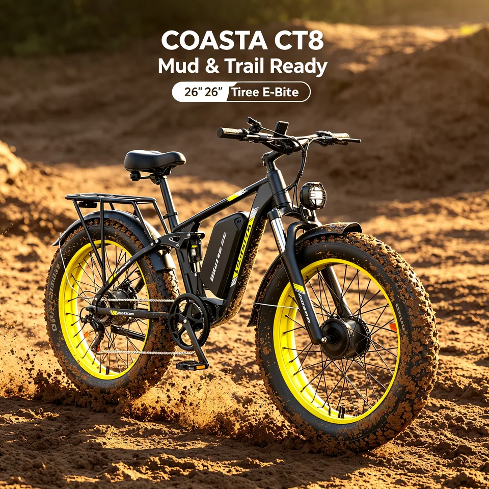 COASTA CT8 Yellow 26"×4.0 Fat Tire Electric Bike Dual Motor Full Suspension E‑Bicycle 3000W Peak 60V Removable Battery Hydraulic Disc Brake Shimano 7‑Speed LCD Display LED Headlight Max Load 150KG For Snow Beach Mountain Off‑Road Riding image 5