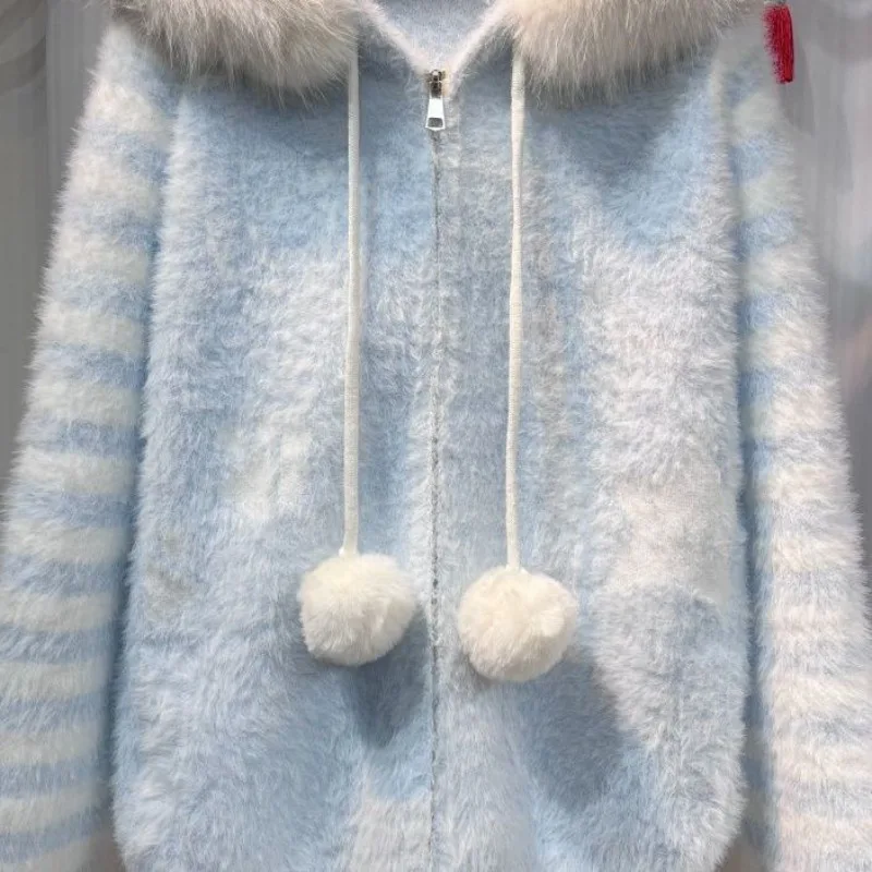 Kimutomo Knitted Cardigan Women Hooded Furry Patchwork Autumn Winter Loose Zipper Sweater Outwear Female Fashion Casual Tops