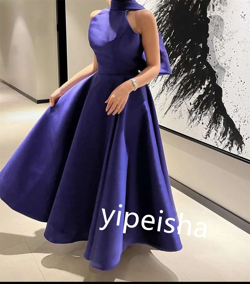 Fashion Satin Pleat A-line Halter Midi Dresses Evening Dresses Chinese Style Unisex Modern Style Exquisite Sparkle Matching