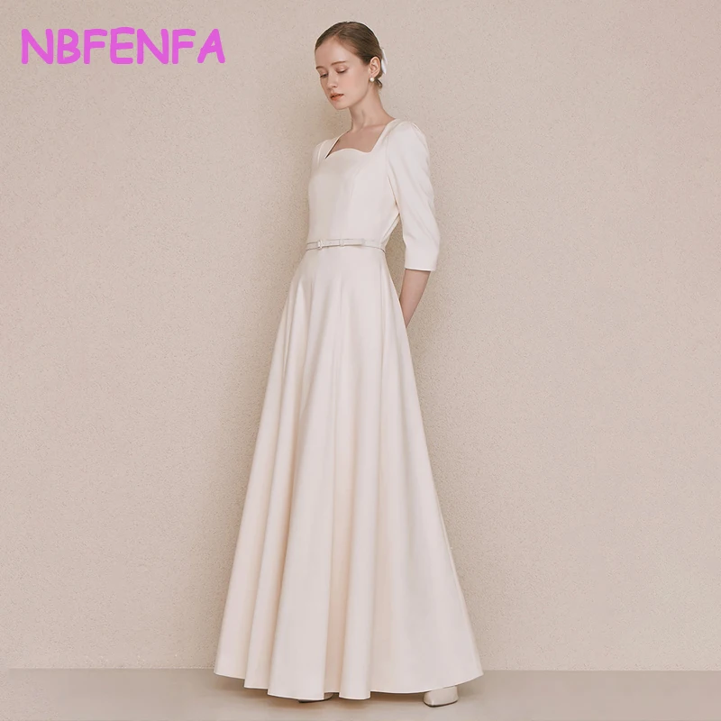 White Mid-sleeve Light Wedding Dresses Korea Satin Simple Long/Mid Length Banquet Formal Evening Dress Photo Shoot Bridal Gowns