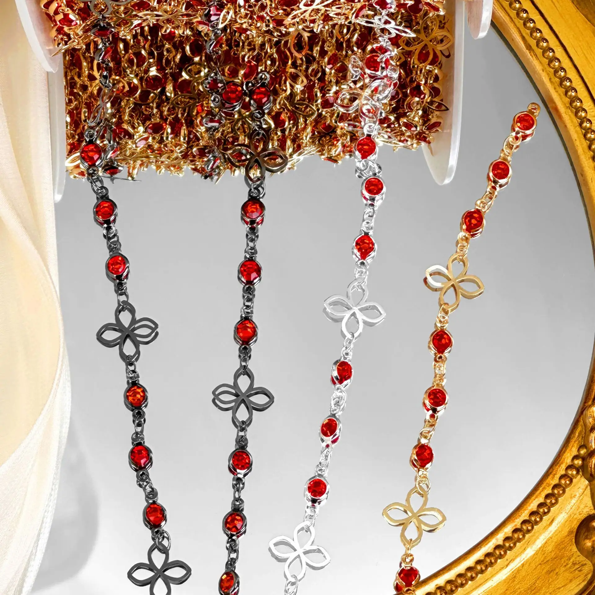 0.5/1/2M Hollow Flower Tassel Copper Chain Red Glass DIY Necklace Hair Accessories Clothing Decoration Jewelry Chain Material