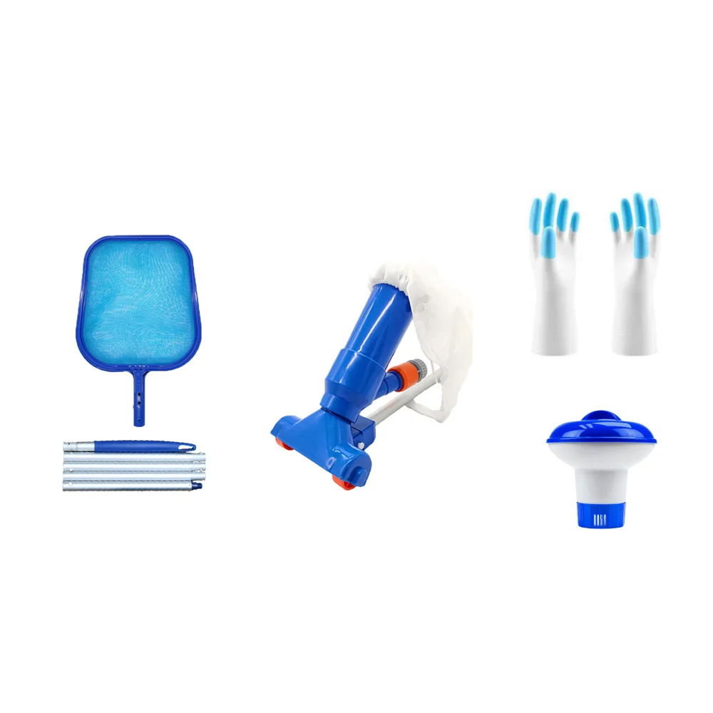 Swimming Pool Vacuum Jet Suction Head 5 Inch Medicine Dispenser Blue And White Gloves Set Cleaning Tool