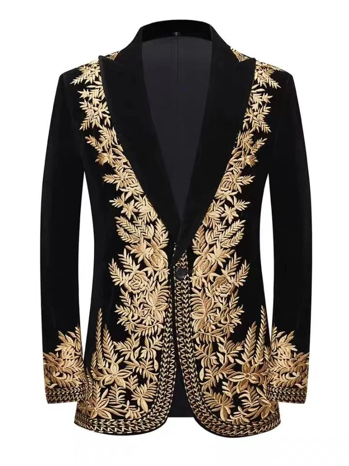 Luxury Fashion Gold Embroidery Slim Suit Jacket Men Bar Nightclub Stage Costume Host Club Male Singer Dance Performance Clothes