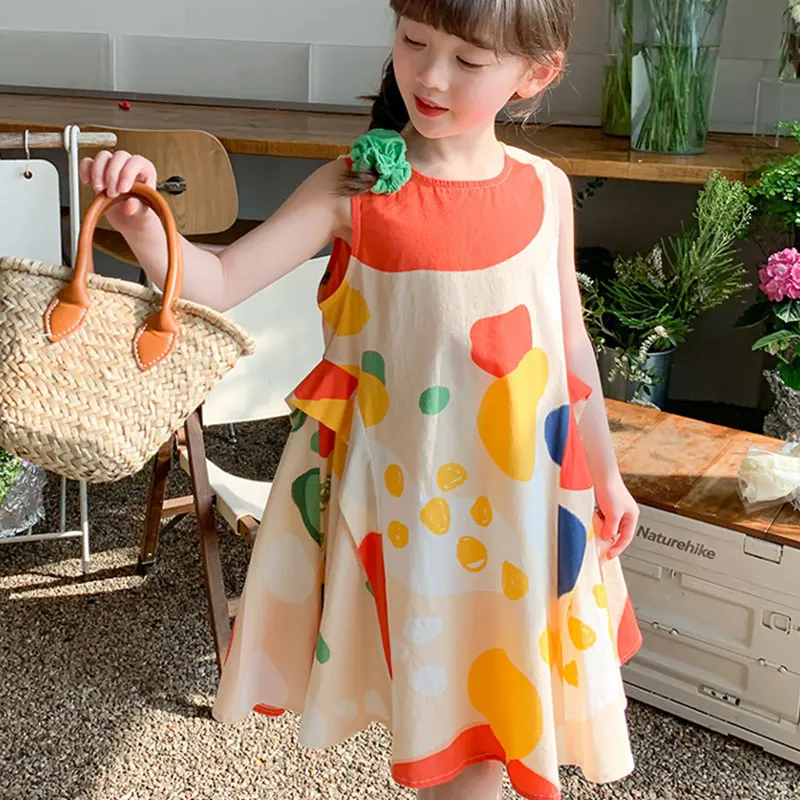 Elegant Fashion Harajuku Slim Fit Children Clothes Loose Casual All Match Sundress O Neck Printed Sleeveless Princess Dress