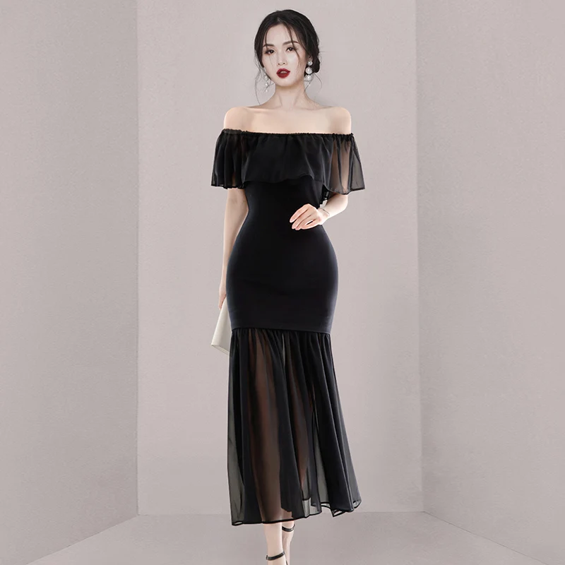 

Fashion 2023 Summer Sexy Slash Neck Long Vestidos Simple Chic Mermaid Dress Women Elegant Office Sheath Black Party Dresses