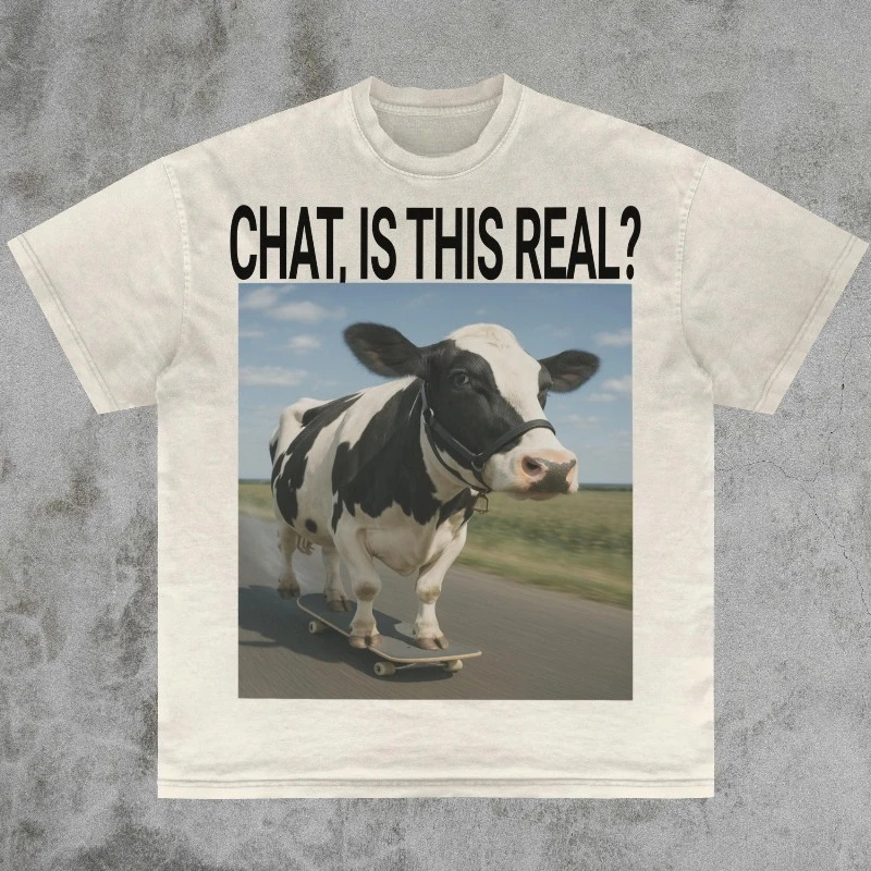 Chat Is This Real? Ai Cow Shirt, Inappropriate Gen Z Humor Iconic Slogan, Brain Rot Dank Memes