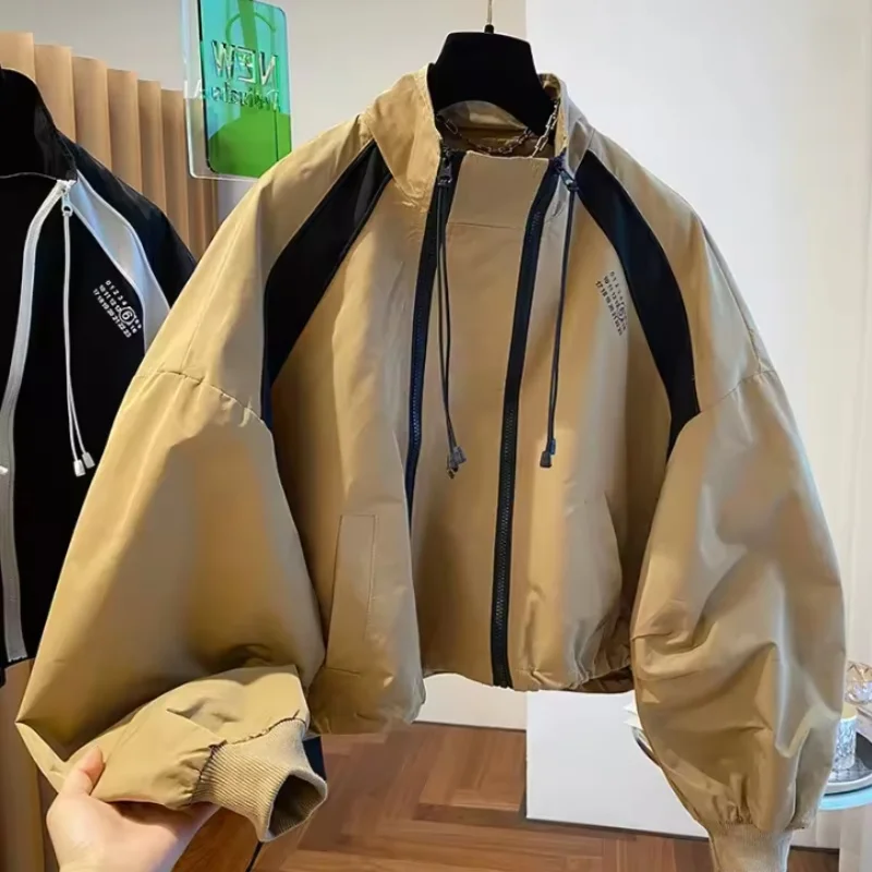 Farbblockierter, lockerer, lässiger Trenchcoat mit Stehkragen für Damen, Frühling und Herbst, Patchwork-Kurzjacke, Oberbekleidung mit Doppelreißverschluss