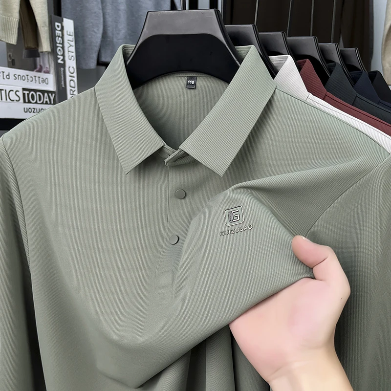 الراقية العلامة التجارية إلكتروني تنقش طويلة الأكمام قميص بولو الرجال أزياء جديدة نمط الراحة الأعمال عارضة الربيع الخريف التلبيب تي شيرت #2