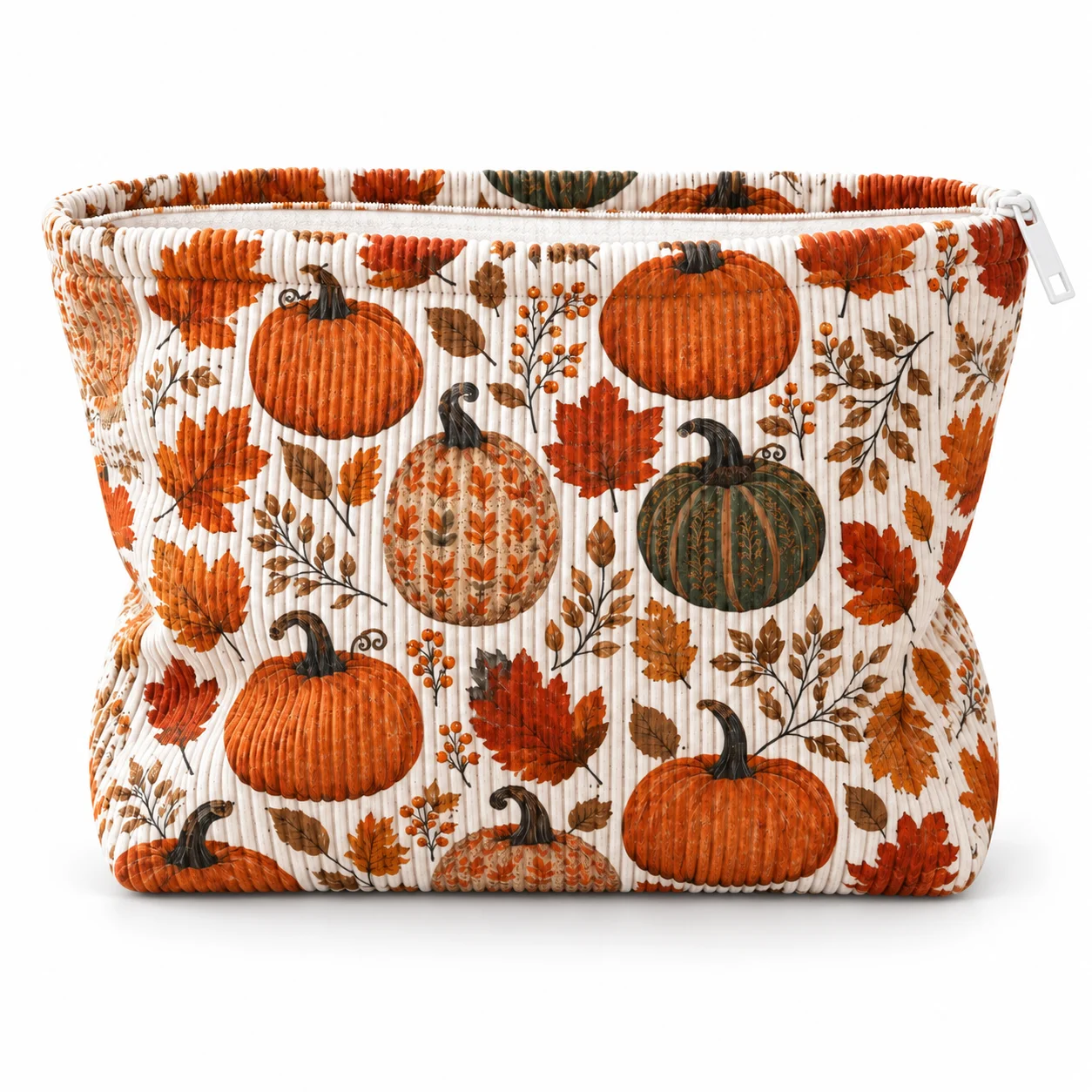 Pumpkin Leaf Print Cosmetic Bag Corduroy Storage Pouch Large Capacity Travel Toiletry Organizer Makeup Case for Women Girls