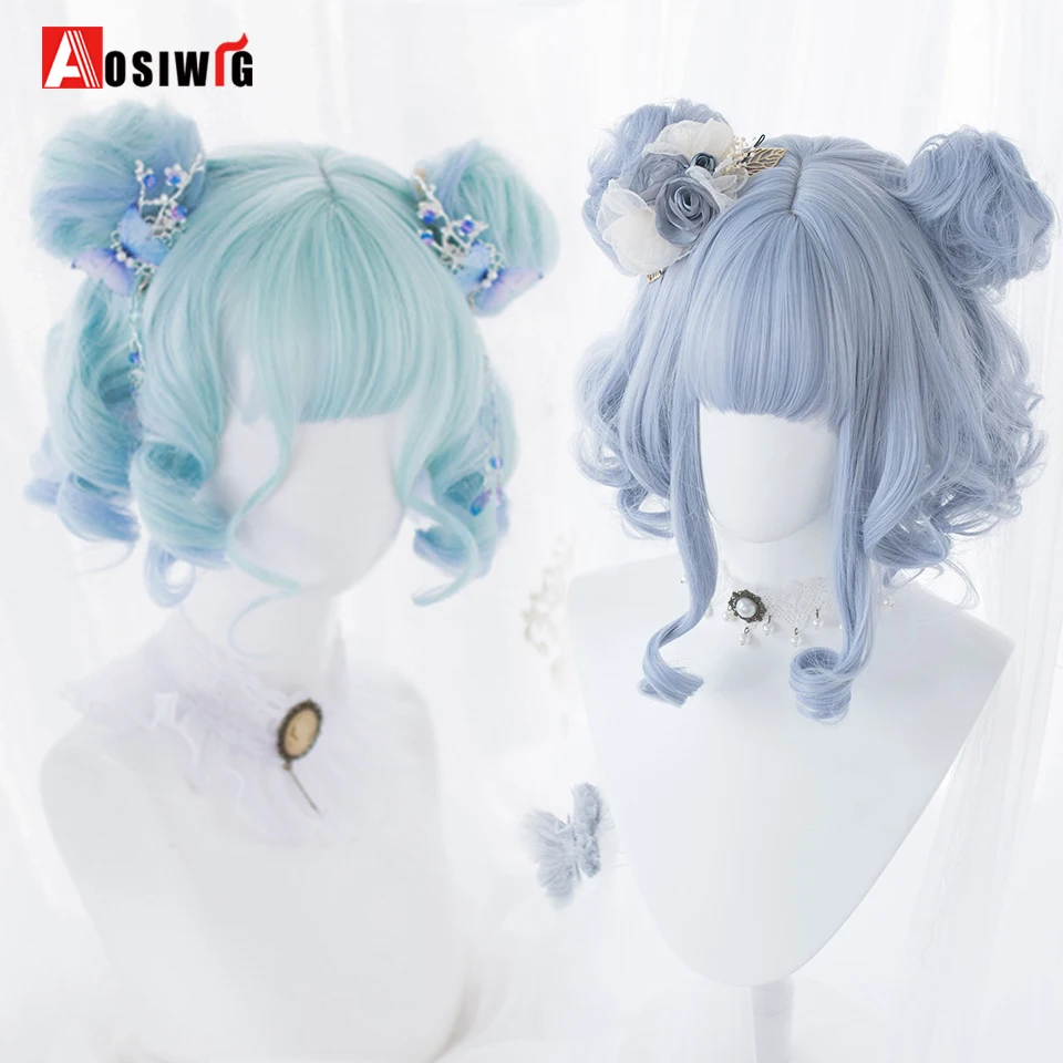 AOSI Synthetic Women Lolita Wavy Curly Ombre Blue Mint Color Short Wigs With Bangs Cosplay Hair Wig For Daily Party