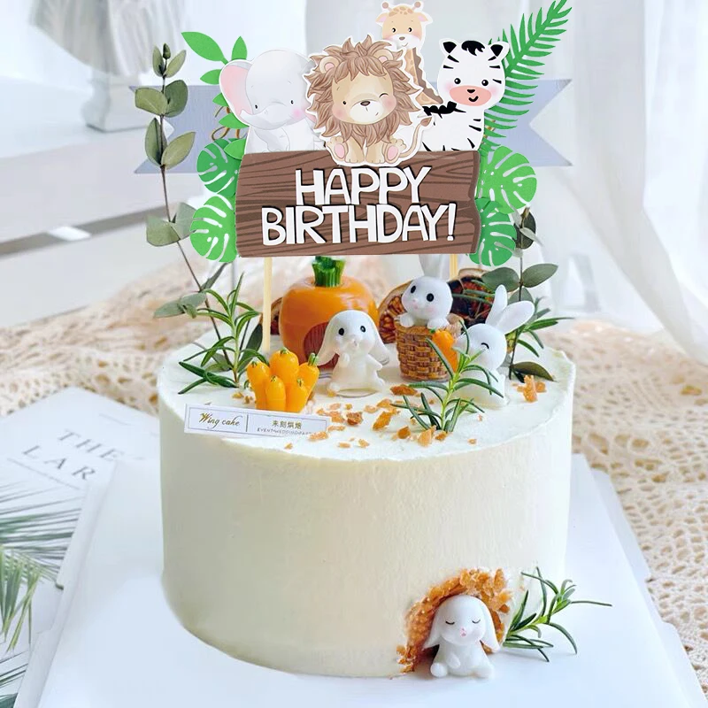 

1set Cartoon Animal Cute Green Leave Cake Topper Children Birthday Theme Party Lion Giraffe Elephant Monkey Cupcake Insert Card