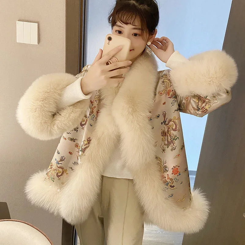 Cappotto femminile inverno pelliccia sintetica stile cinese Harajuku di media lunghezza perline Tang vestito mantello giacca donna caldo elegante