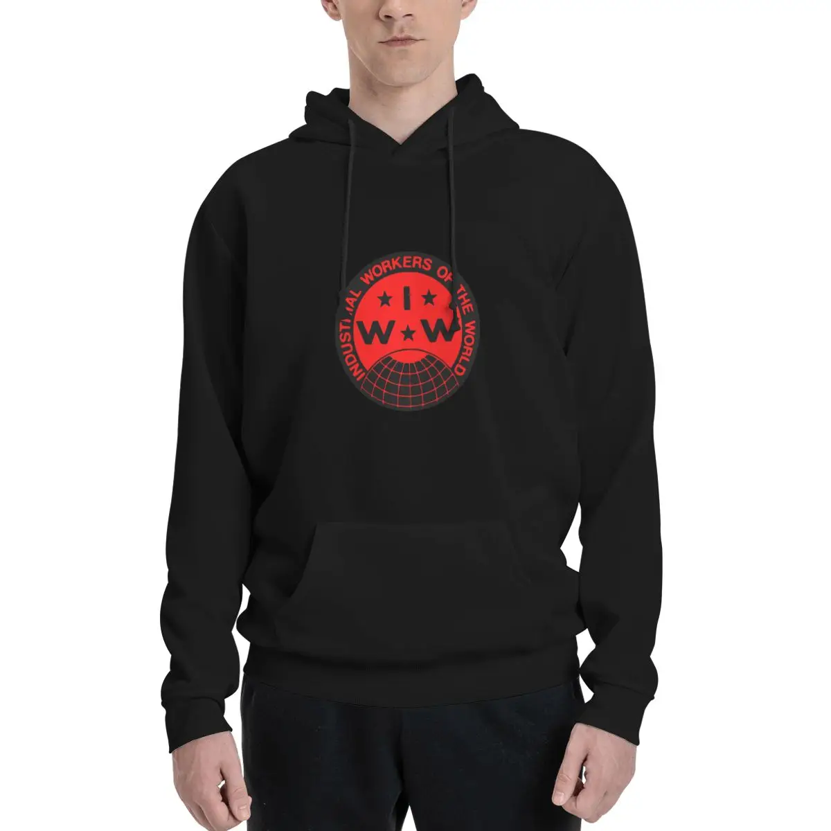 Camiseta clássica com o logotipo da Organização de Trabalhadores Industriais do Mundo (IWW). Camisola com capuz clássica para homem.