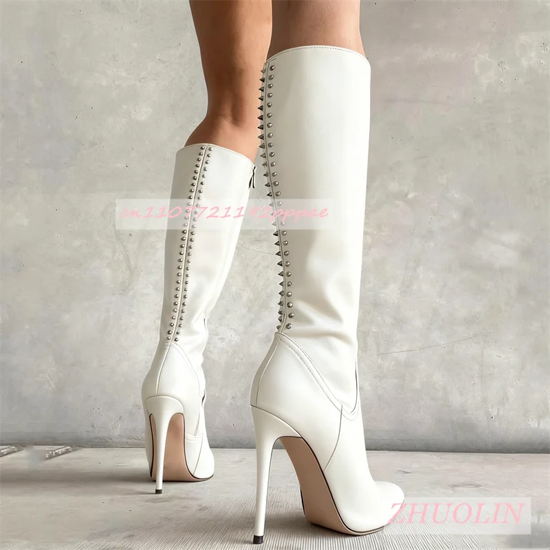 

Autumn White Matte Rivet Knee-High Boots Pointed Toe Stiletto Heel Side Zipper Stretch Boots Fashion Dress Party Women'S Boots