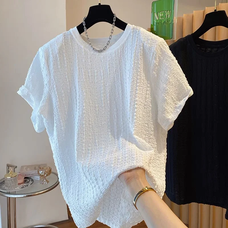 plus Size 300 Pou Women's T-irt round Ne ort Sve Loose Casual Versatile f Sve Summer Top Textured Folded