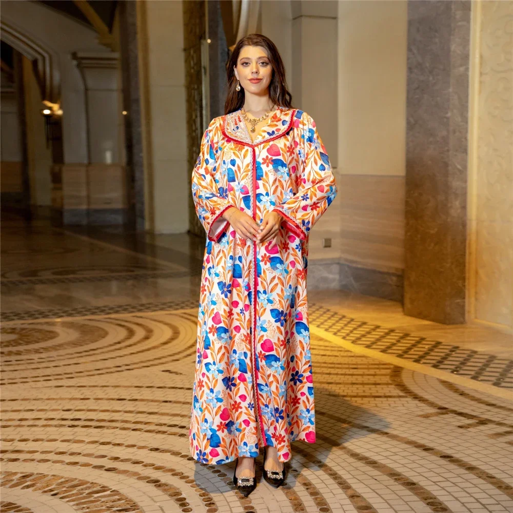 Luxury Diamonds Abayas for Women Floral Print Maxi Dress Muslim Abaya Dubai Kaftan Turkey Robe Eid Djellaba Islam Jalabiya Gown