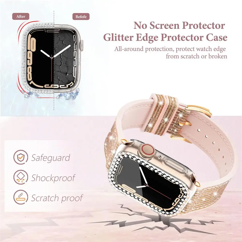 Silicone Leather Strap for Apple Watch Ultra 49mm Band 44mm 41mm 45mm 40mm 42mm Correa Diamond Case IWatch Series 8 7 Se 6 5 4