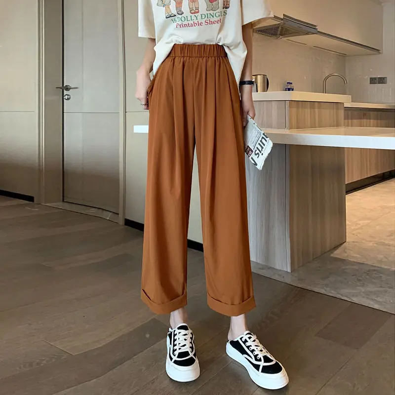 Spring Autumn Women\'s Clothing Casual Elastic High Waisted Pockets Solid Color Fashionable Retro Straight Vintage Trousers Pants