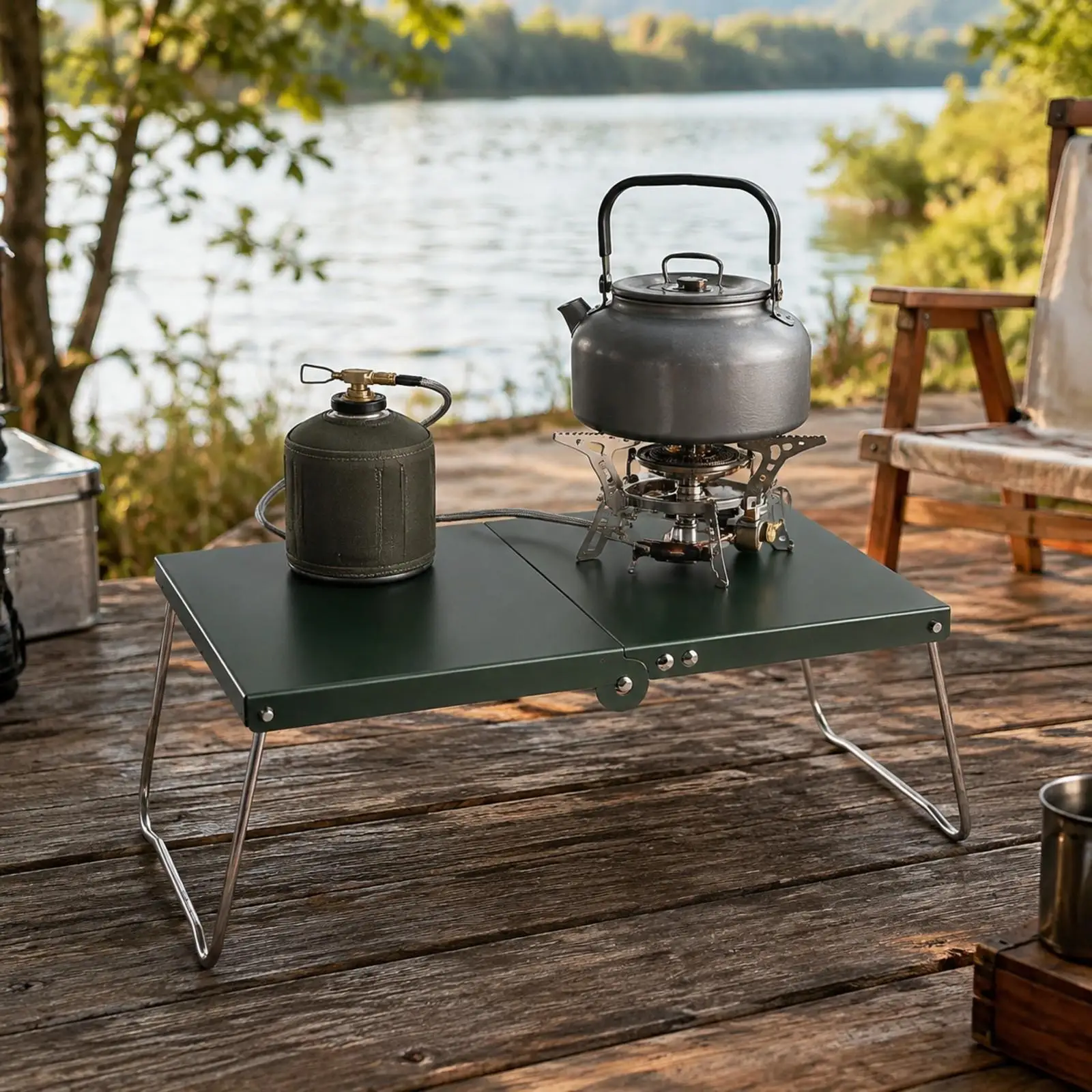 Travel Folding Table for Camping Enthusiasts with Anodized Aluminum Top and Space Saving Collapsible Leg Structure