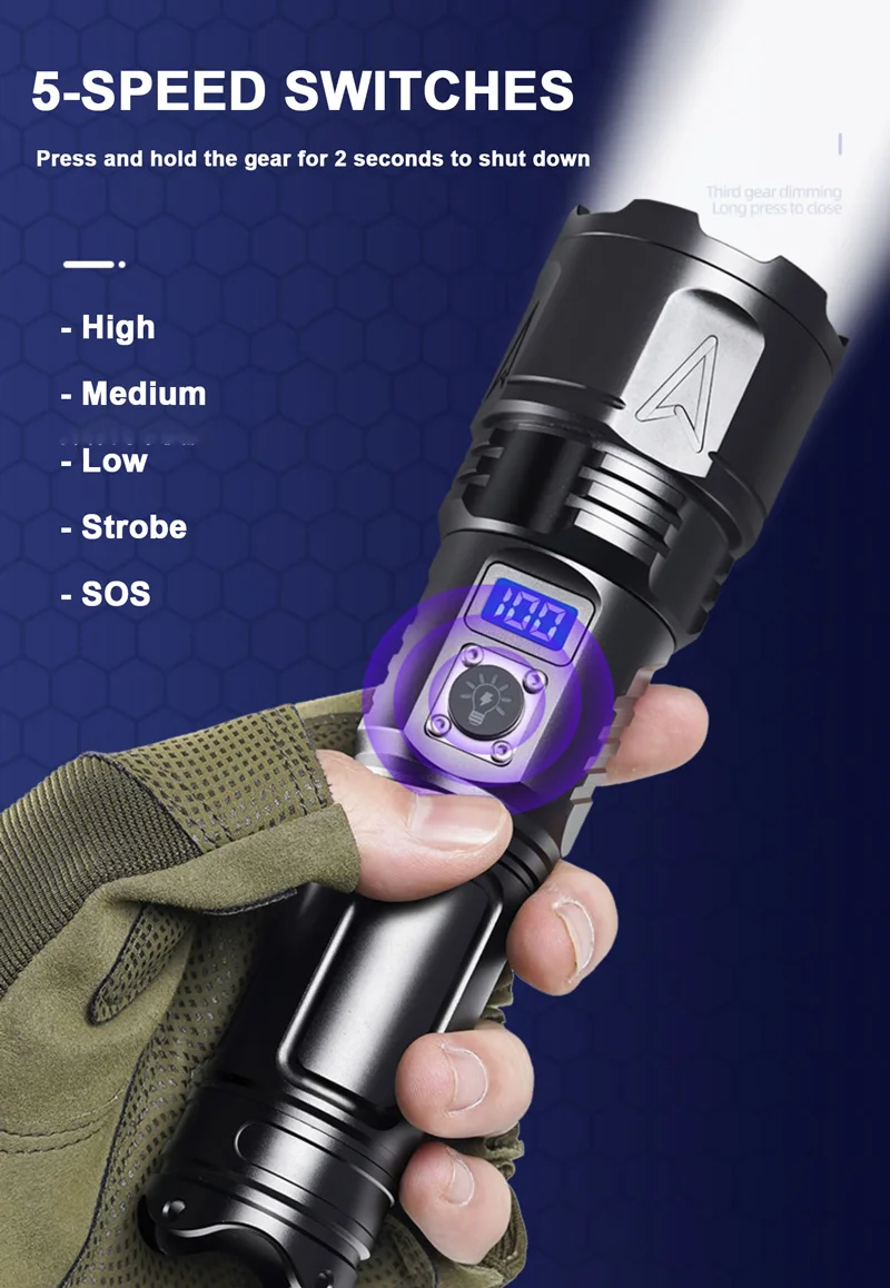 600W High Power White LED Flashlight Waterproof Long-range Outdoor Searchlight Aluminum Zoom Light Digital Display USB Charging