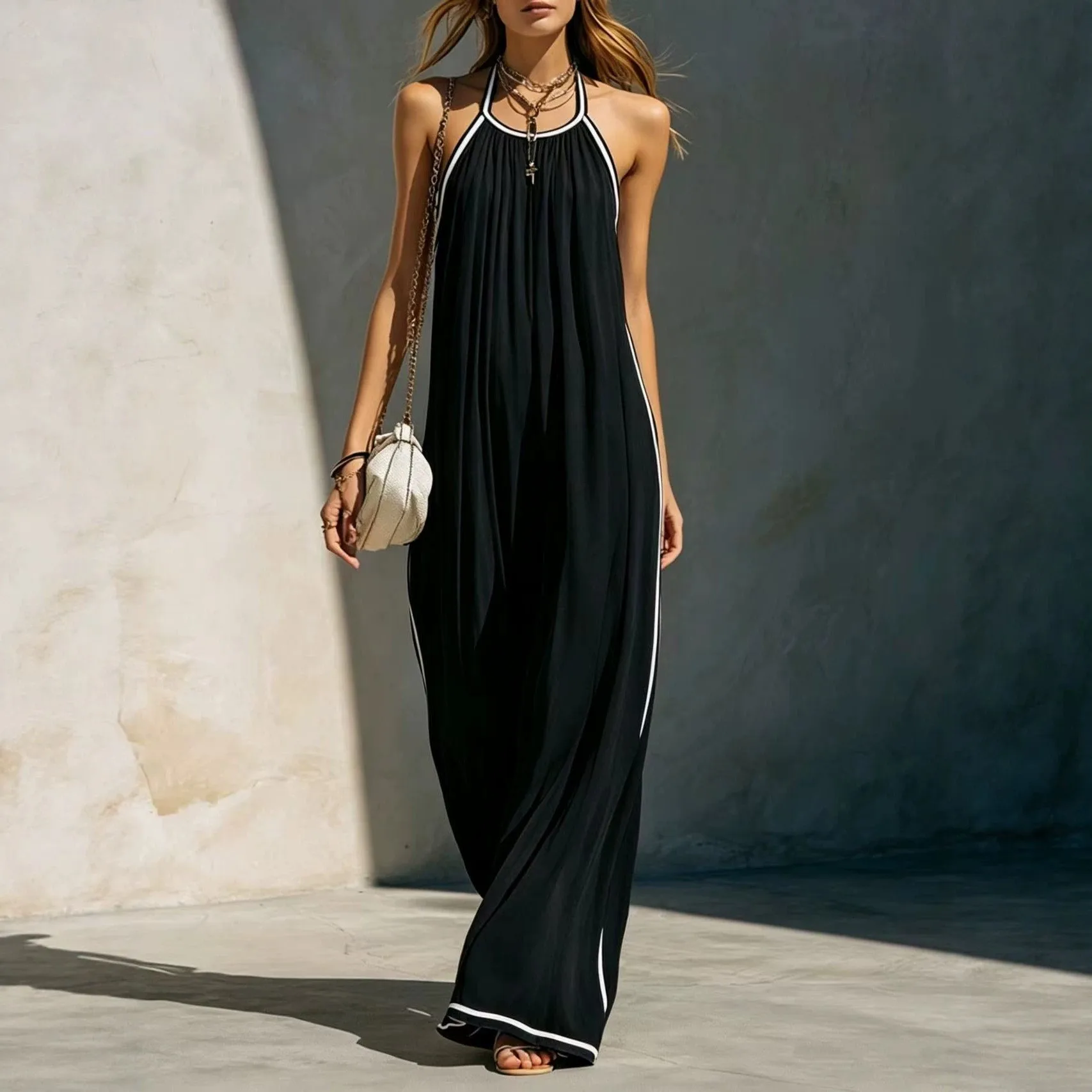 Women's Summer Jumpsuit Sleeveless Halter Neck Wide Leg Pants Romper Black Solid Color Mid Waist White Contrast Trim