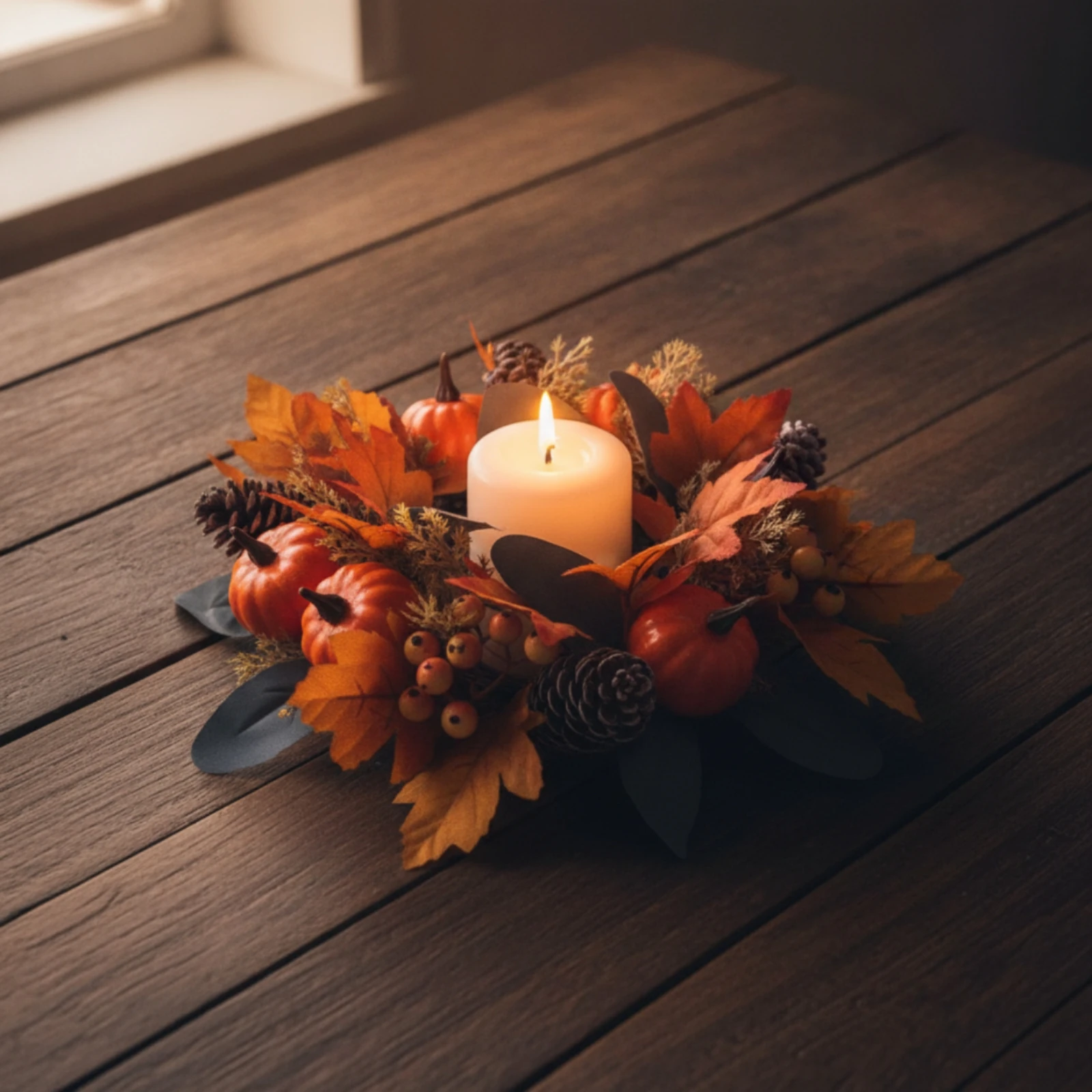 Candle Circle Autumn Fall Candle Circle Wreath with Pumpkins Harvest Table Wreath Tabletop for Hosts, Thanksgiving, Mantel