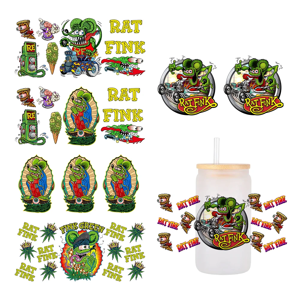 

cartoon Rat fink For Libbey 16oz Can Glass 3D Waterproof UV DTF Coffee Can Wrap Libbey Glass Wrap 11x11cm