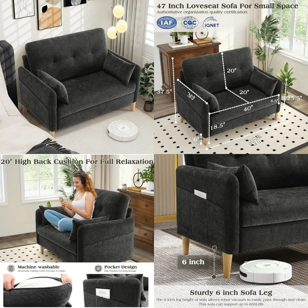 sofá de loveseat de tecido de chenille confortável com almofadas removíveis e almofadas para espaços pequenos da sala