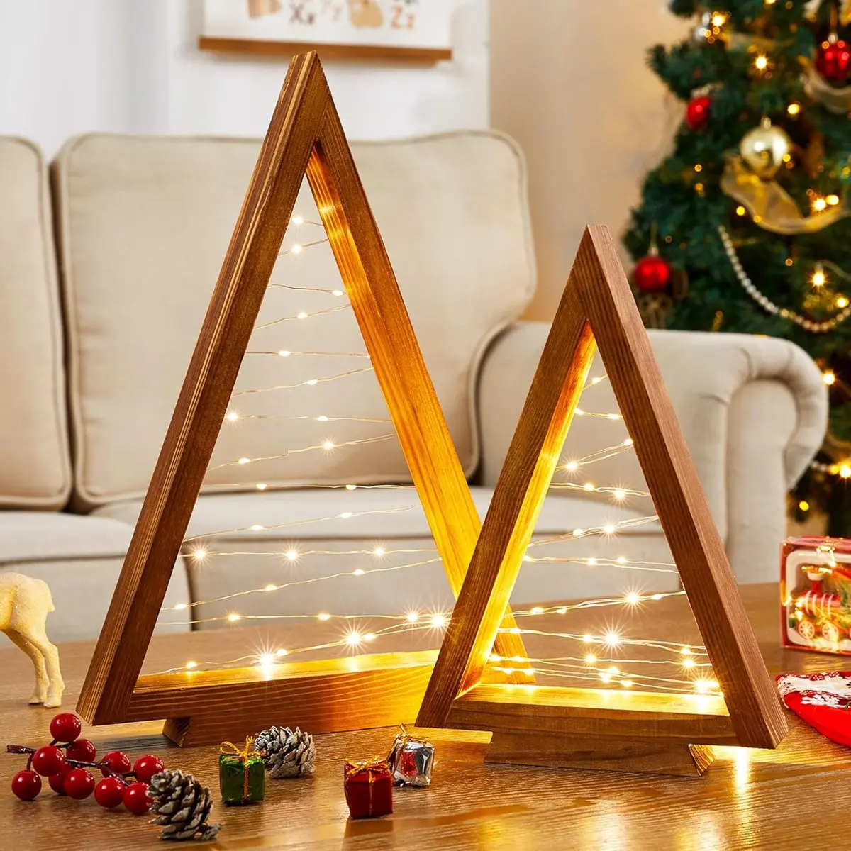 2Pcs/Set Wood Christmas Tree with Lights Modern Farmhouse Christmas Wooden Tree Centerpieces For Tables Christmas Holiday Decor