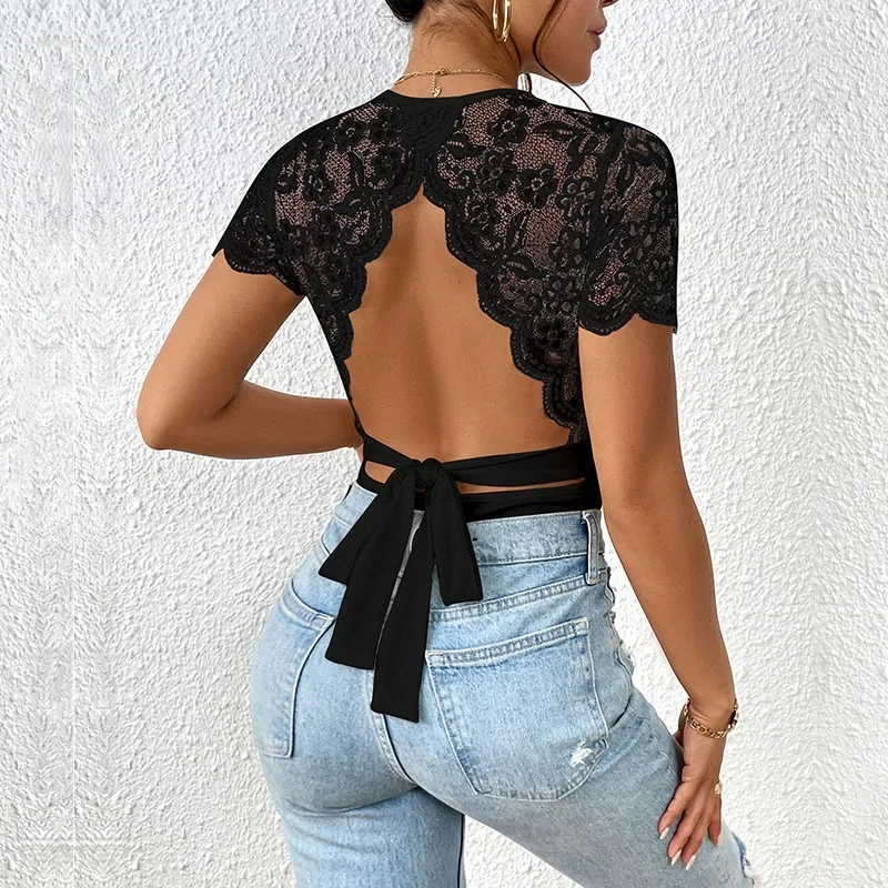 Short Sleeve Black Bodysuit Women O Neck Tummy Control Backless Tank Tops Body Suit Thongs Overalls Summer Clothes