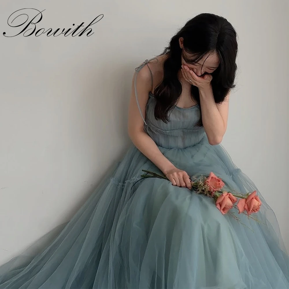 

Bowith Misty Blue Soft Tulle Korea Wedding Dresses Customized A-line Spaghetti Straps Reception Dress Bridal Gown Evening Dress