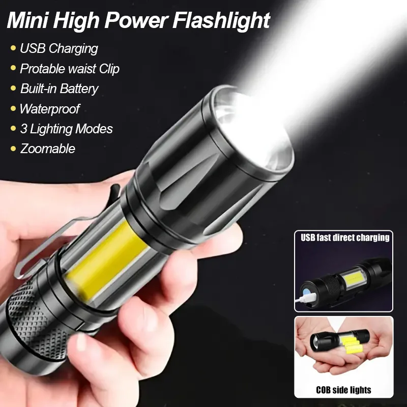 High Power Mini Flashlight Rechargeable USB Zoomable Torch COB+XPE Waterproof Outdoor Light For Camping Penlight Work Lantern