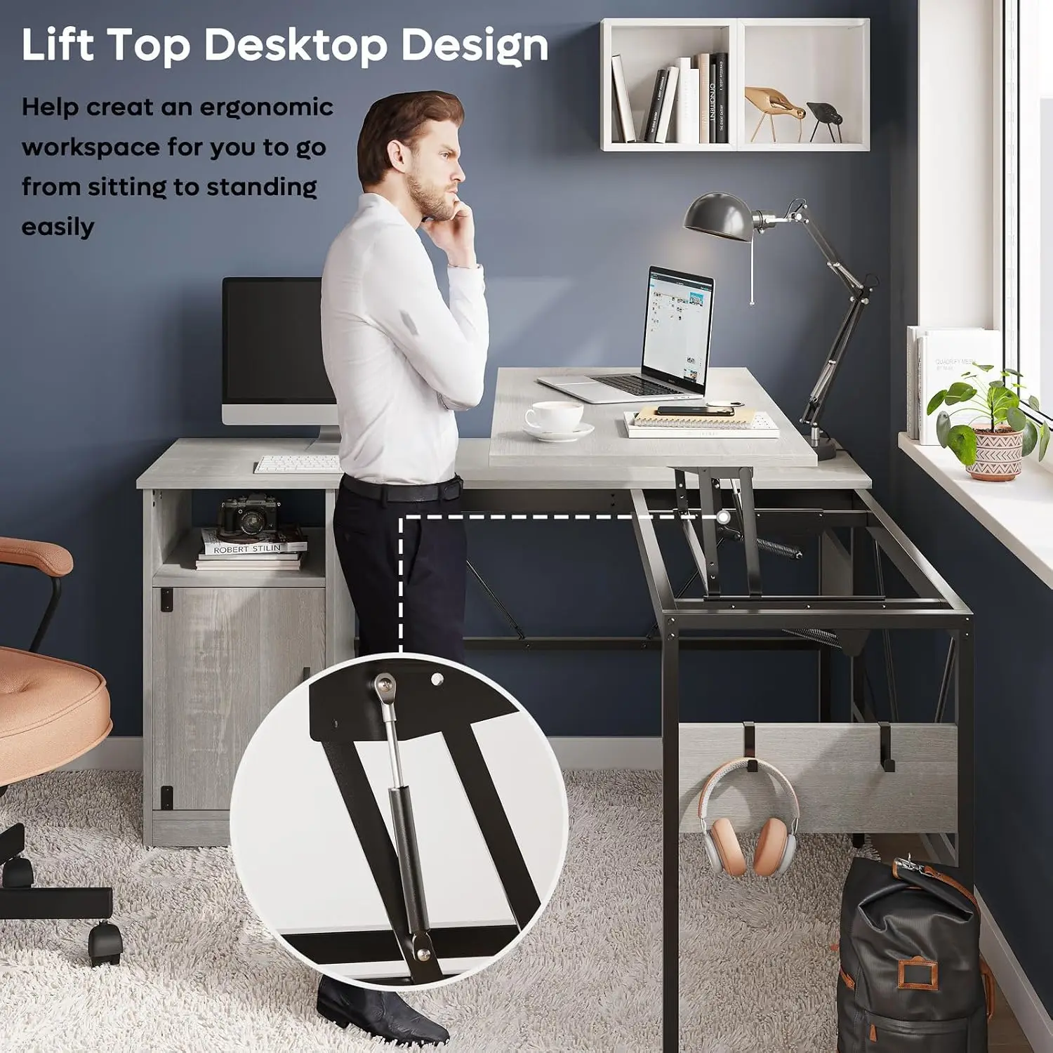 60 Inch L-Shaped Standing Desk Lift Top to 95 Inch with Storage & Hooks for Home Office, Customized