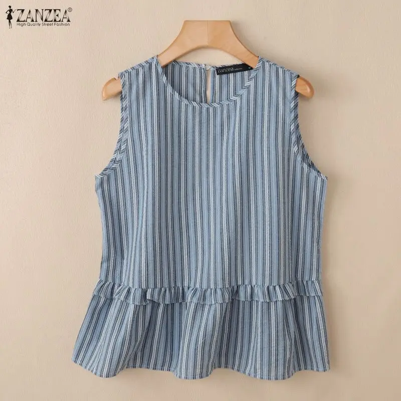 ZANZEA 2026 Sommer Gestreifte Tanktops für Damen O-Ausschnitt mit Rüschenbesatz Lose Ärmellose Tops Lässige Schicke Streetwear Damenkleidung – Detail 10