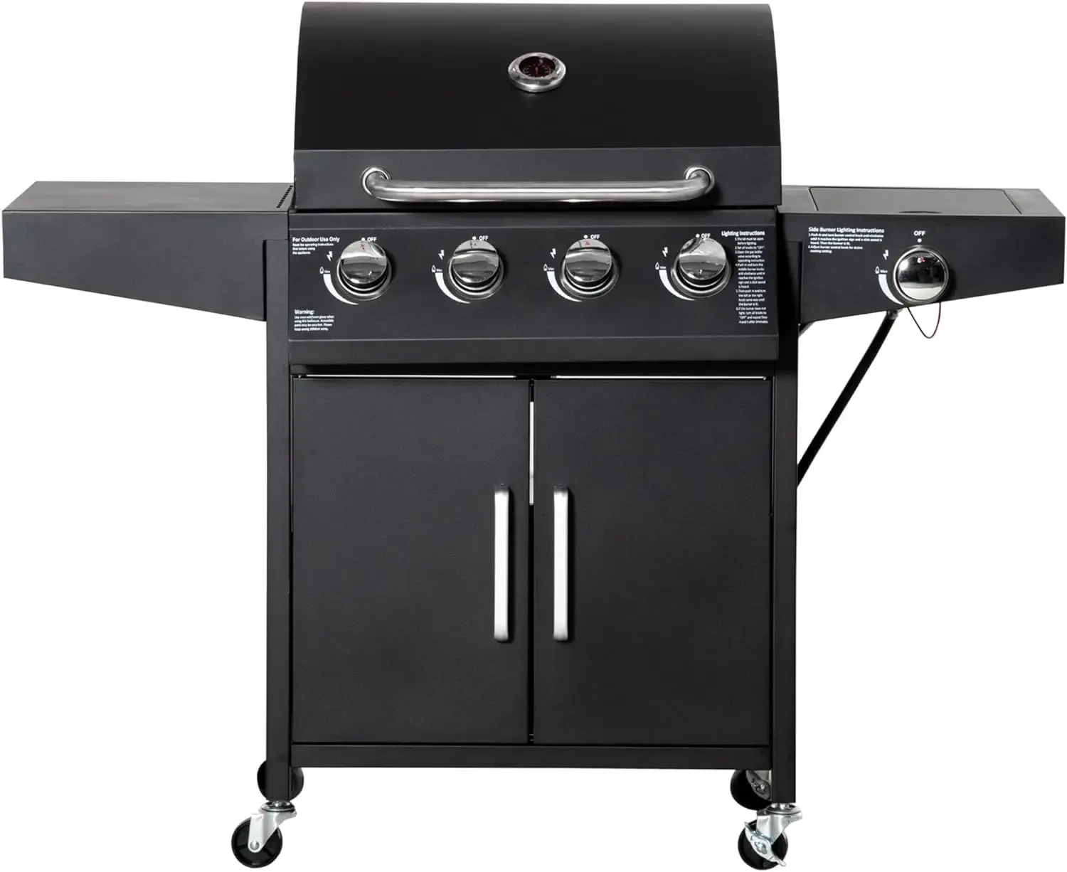 

4 Burner Propane Gas Grill with Side Burner, Steel Outdoor Barbeque/Barbecue, Wheels, Warming Rack, Shelf, Cabinet, Black