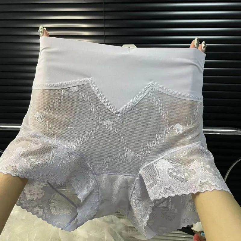 Jacquard Embroidery Lace Sexy Panties Women's High-waisted Pull-in Seamless Shorts Antibacterial Cotton Crotch Seductive Mesh