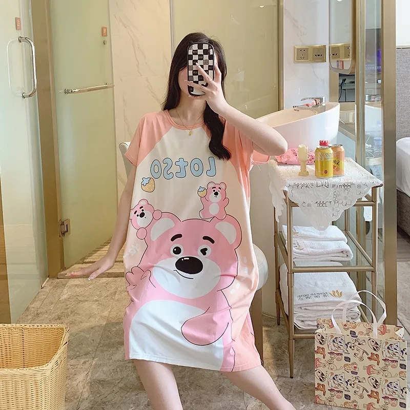 سانريو تنورة طويلة صيفية بأكمام قصيرة، فستان نوم على شكل دب الفراولة، ملابس مريحة غير رسمية، ملابس تنحيف على شكل دب الفراولة #5