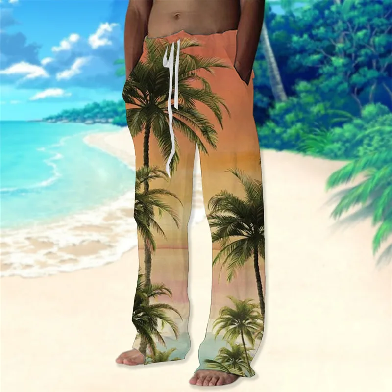 Men's Summer Hawaiian Beach Pants Fashion Simple Vacation Wind Coconut 3d Printed Casual Wide Leg Pants