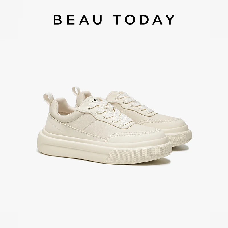 

BEAUTODAY Casual Sneakers Men Split Leather Solid Color Round Toe Sewing Platform Lace-Up Male Outdoor Shoes Handmade 58381