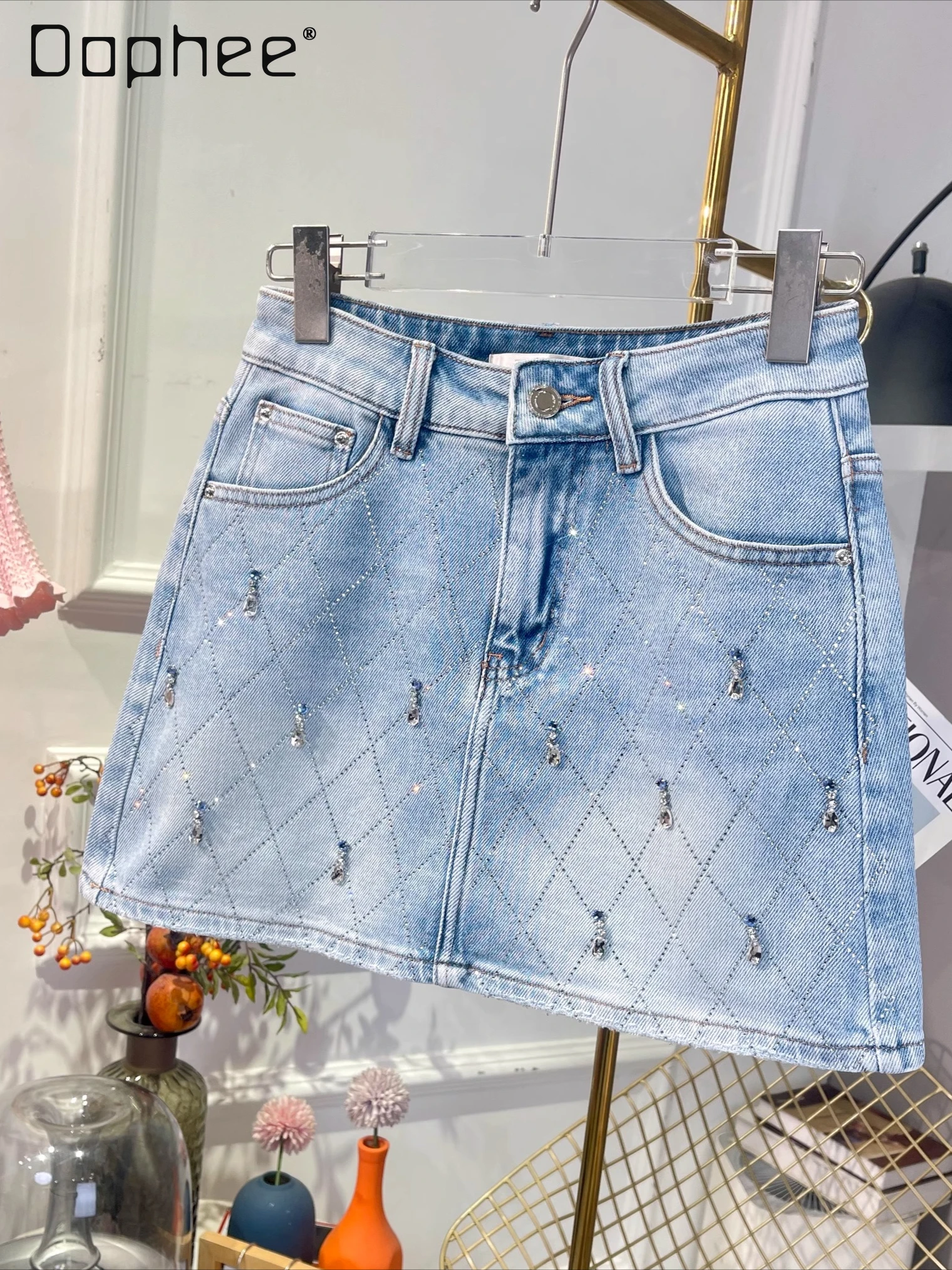 

2025 Summer New European Beaded Hot Diamond Plaid Versatile Denim Skirt Trendy Spice Girl High Waist Mini Skirt A-line Skirts