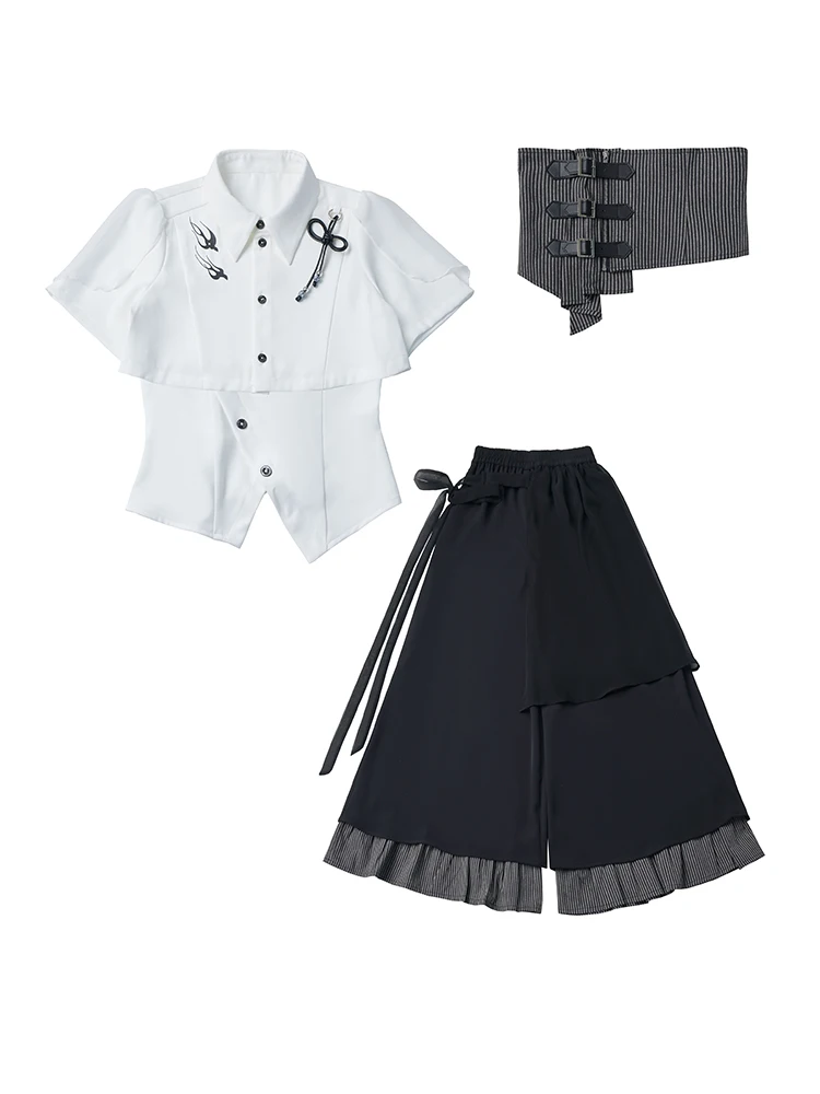 Summer New Chinese Style White Short Sleeve Shirt Women's Waist Seal Striped Splicing Long Pants Three-piece Set Slimming Effect