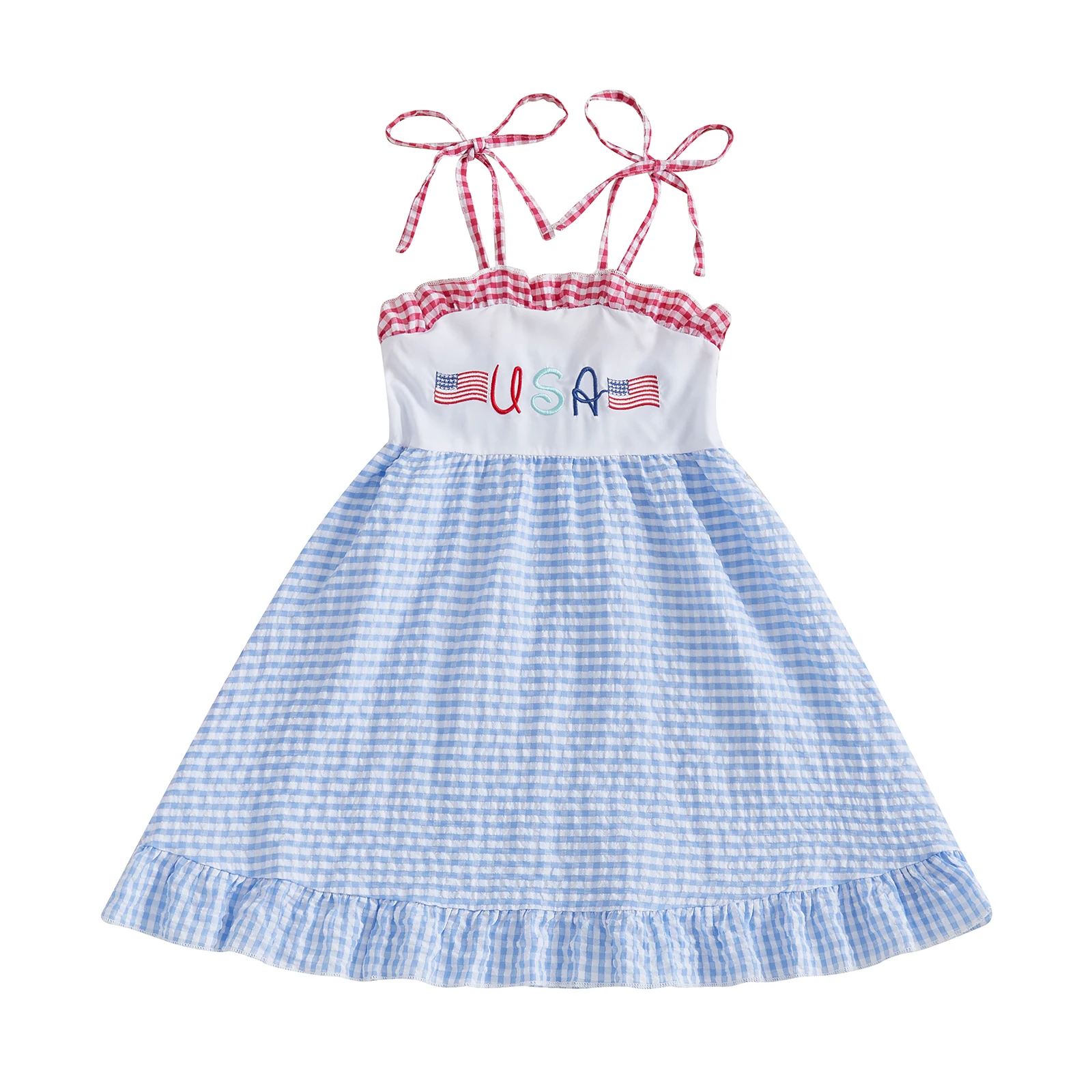 

Girl 4th of July Plaid Dress American Flag Letter Embroidered Tie Shoulder A-line Ruffle Dress Cute Summer Clothes