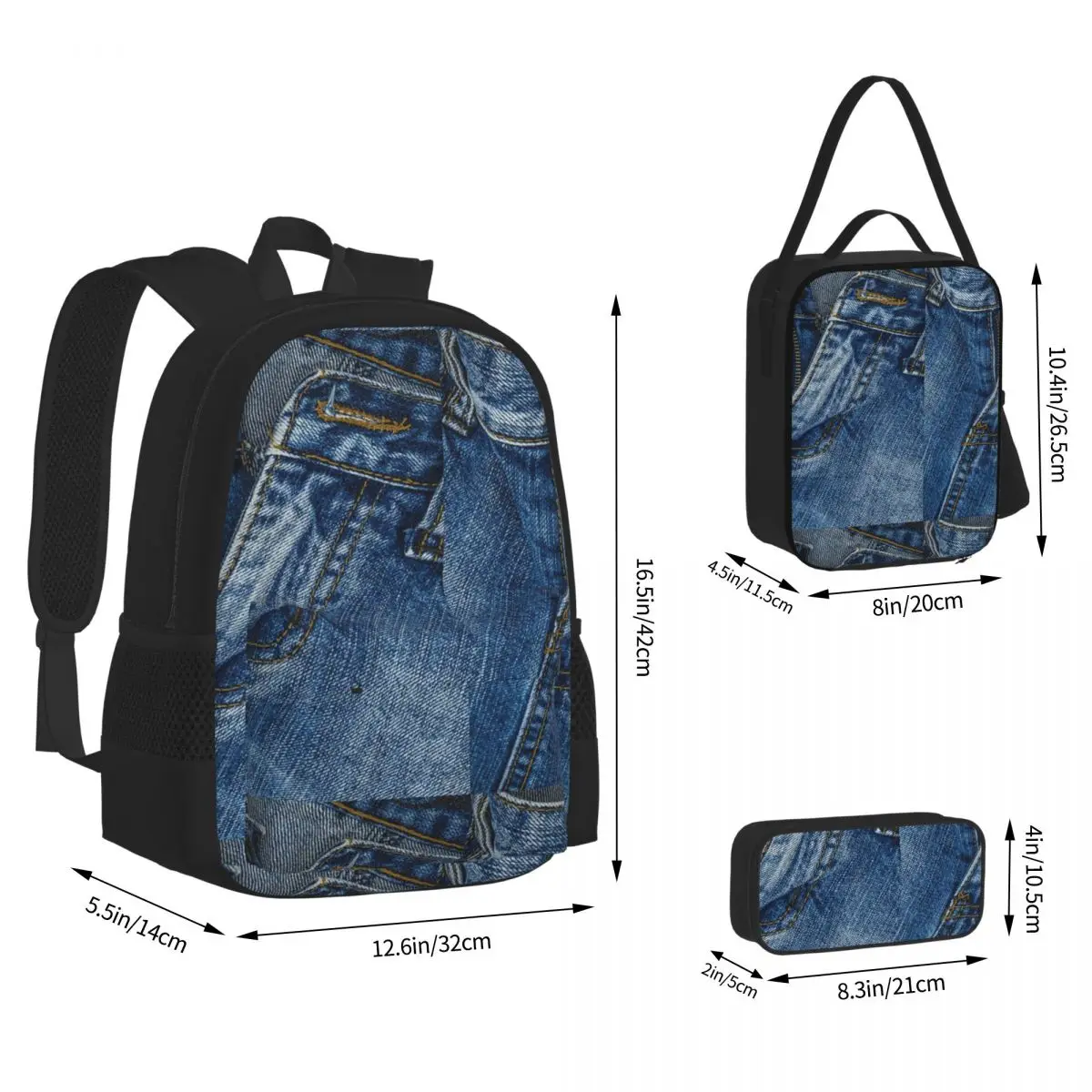 Clothes Button Diagonal Up I Love Bluejeans Denim Backpacks Students School Bags Kids Rucksack Lunch Bag Pen Bag Three-Piece Set