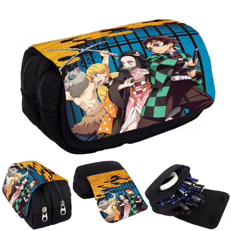 Demon Slayer Pencil Case Student Bilayer Storage Bag Tanjirou Nezuko Zenitsu Giyuu Cartoon Printing High Quality Pen Case Gift